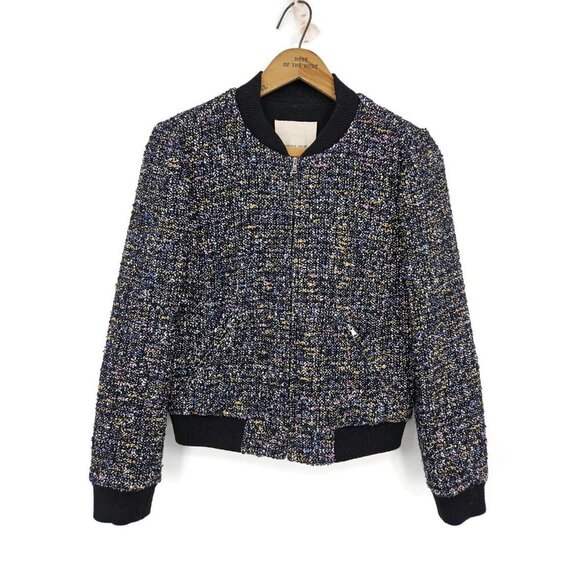 Rebecca Taylor Multi Tweed Bomber Jacket Womens 2 Black Zip Front Pockets - Picture 1 of 6
